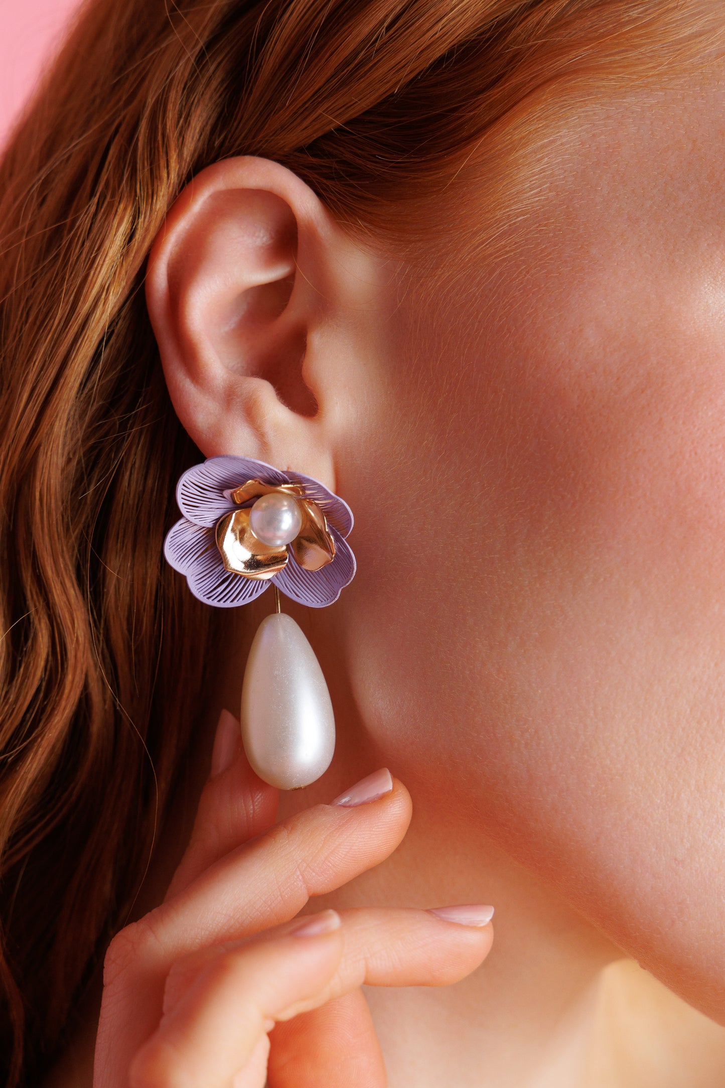 Lilac flower earrings with pearls